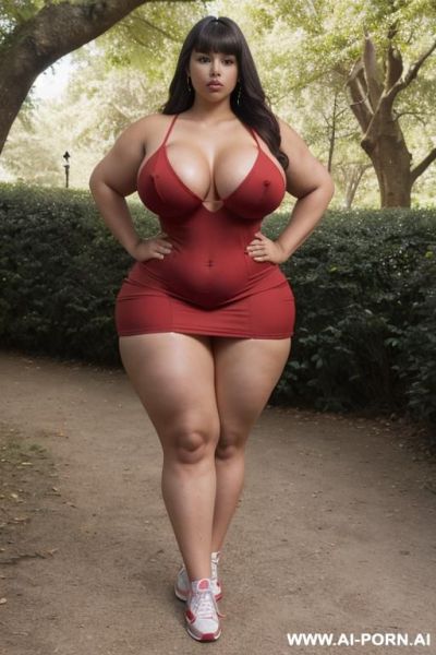 Latina beauty curvy , women wearing (((red slingshot dress))) , (sneakers) , realistic , photograpic ,(((full body view))), (((huge round ass))) (((disproportionally thick thighs))), beautiful face, - ai-porn.ai on pornintellect.com