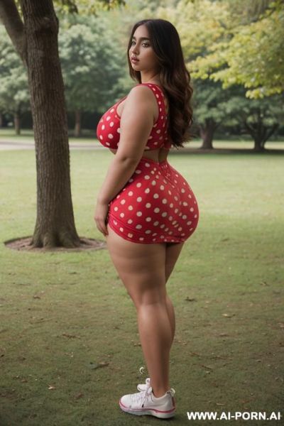 Latina beauty curvy , women wearing (((red polka dot dress))) , (sneakers) , realistic , photograpic ,(((full body side view))), (((huge round ass))) (((disproportionally thick thighs))), beautiful - ai-porn.ai on pornintellect.com