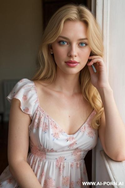 Natural beauty, thick wavy natural golden-blonde hair, large expressive cerulean blue eyes, dark eyelashes, heart-shaped face, naturally full pink lips, soft body, soft full c-cup breasts, wearing a - ai-porn.ai on pornintellect.com