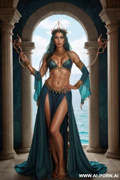 (medium shot), (front view), (looking at the viewer), (eye contact), (highly detailed figure), (highly detailed face), (highly detailed skin), water wizard, symmetrical noble face, wavy light turquoise - ai-porn.ai on pornintellect.com