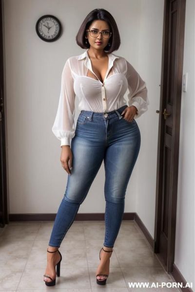 (hot tall bangladesi milf) (brunette) (huge boobs) (glasses) (very high platform heels) (short hair) (big cleavage) (white button-down blouse) (very dark skin) (amazing fit body) - ai-porn.ai on pornintellect.com