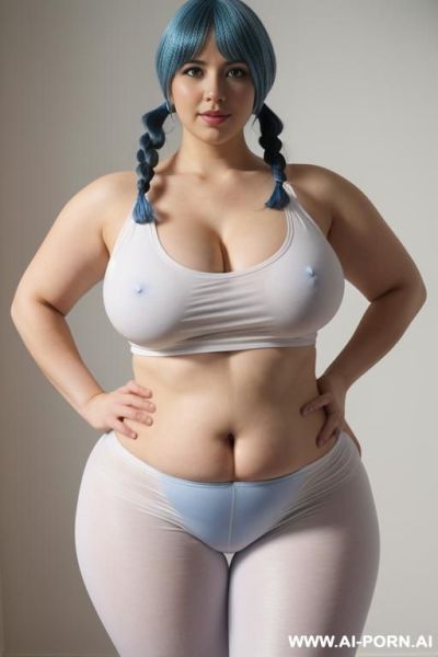 Chubby white woman, full body, standing, triangular hips, thick thighs, wearing transparent leggings and tank top, very huge hips - ai-porn.ai on pornintellect.com