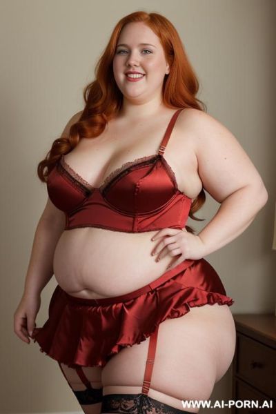 Half body photo shot close up. a ((british obese fat bbw redhead)), ((thick with love handless)). ((wearing a golden bright sexy and hot garter belt bride lingerie of flowers, and a dark-red ruffle silk micro-skirt)). she is smiling - ai-porn.ai - Britain on pornintellect.com
