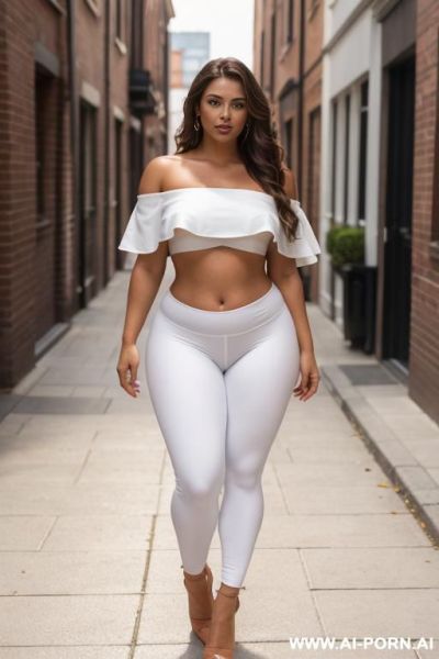 A curvy woman with long, wavy brown hair and tan skin standing outdoors on a brick-paved path. she is looking over her shoulder at the camera, wearing a white off-the-shoulder crop top and - ai-porn.ai on pornintellect.com