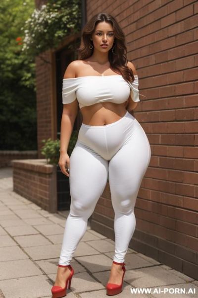 ((((a curvy woman ))))with long, wavy brown hair and tan skin standing outdoors on a brick-paved path. she is looking over her shoulder at the camera, wearing a white off-the-shoulder crop top - ai-porn.ai on pornintellect.com