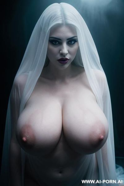 ((big breasts)), ((enlarged breasts)), ((oversized breasts)), naked, ghost, sexy hot ghost lady, glow, dense fog, mysterious, long transparent robe, glossy skin, white skin, sexy, hot, erotic, (full - ai-porn.ai on pornintellect.com