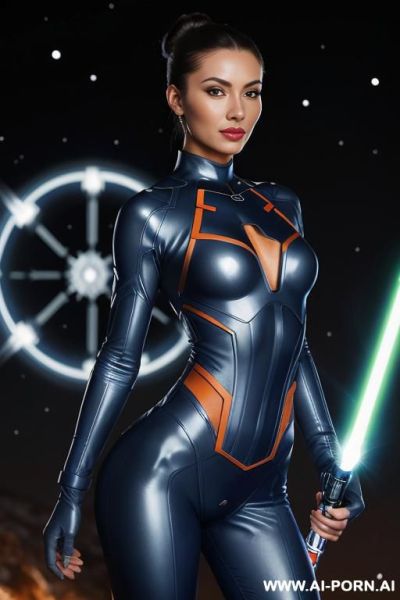 Sci-fi swordwoman (front view) (keep face) (detailed face) (detailed eyes) detailed body, detailed hands, detailed skin, voluminous hair, narou waist, wide hips, firm boobs, muscular thighs, (beautiful - ai-porn.ai on pornintellect.com