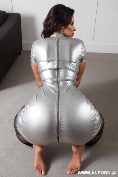 Sexy older milf kneeling on all fours, she is wearing a silver bodycon dress, the back zipper is open and you can see her bare butt, her breasts are hanging out of the dress, direct eye contact. - ai-porn.ai on pornintellect.com