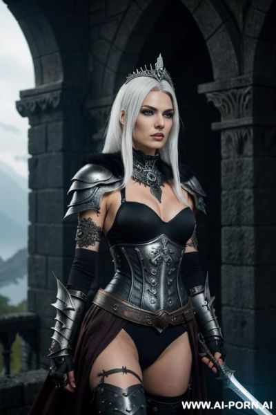 (front view), (eye contact), looking at viewer, dark fantasy swordswoman, dominant body pose, threaing looking woman, arrogant cruel face, ultra realistic, slender sinewy body, sharp breasts, (pallid - ai-porn.ai on pornintellect.com