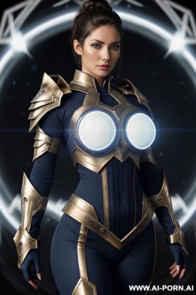Sci-fi swordwoman (front view) ((keep face)) wide hips, muscular thighs (beautiful sexy face) (eye contact) finely detail, highly detailed face, highly detailed eyes, sexy eyes, highly detailed hands, - ai-porn.ai on pornintellect.com