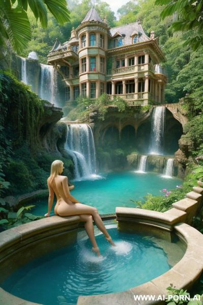 Nude naked sexy blonde in fantasy overgrown intricate steampunk glass mansion beautiful garden forest azure lake summer clear blue sky big waterfalls pools mansion on arches steep waterfalls garden balcony red fpink loral - ai-porn.ai on pornintellect.com