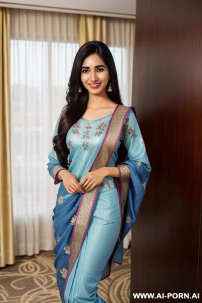 (blue floral patterned crew neck dupatta), (higareda), ((lanky)), ((( punjabi ))), (christmas), (big full lips), ((smiling at the camera)), photorealistic, (ultra detailed photo), (hyper realistic photo) - ai-porn.ai on pornintellect.com