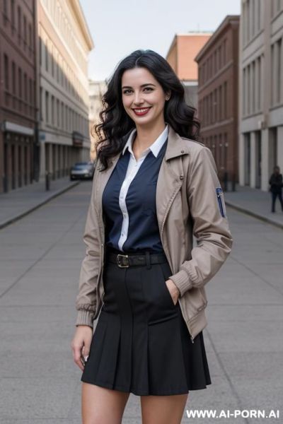 Gorgeous, perfect face, dark lipstick, wavy, smile, realistic hip size, portugese, factory. - ai-porn.ai on pornintellect.com