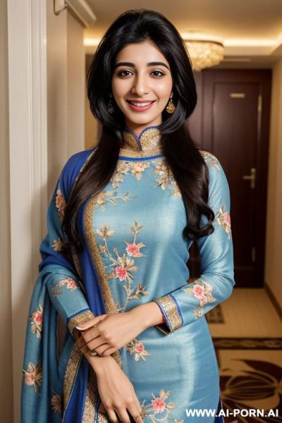 ((blue floral patterned crew neck dupatta)), (urwa hocane), ((( punjabi ))), (christmas ), (big nose), ((smiling at the camera)), photorealistic, (ultra detailed photo), (hyper realistic photo ), - ai-porn.ai on pornintellect.com