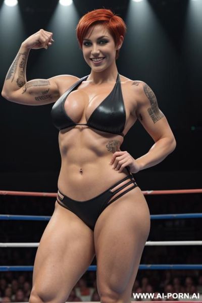 Sexy, wrestling arena, wrestling ring, fit woman, red hair ((pixie cut)), massive boobs, massive thighs, wearing a sling bikini, feminine curves, m smile - ai-porn.ai on pornintellect.com
