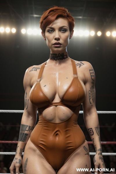 Sexy, wrestling arena, wrestling ring, ((fit woman, red hair ((pixie cut)), massive boobs, massive thighs, wearing a cowprint leotard, female curves)), (highly realistic image), sweat droplets all over body - ai-porn.ai on pornintellect.com