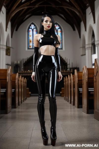 Latex sex goddess, sacrilegious, latex leggings, boots, platform stiletto heels, being worshipped - ai-porn.ai on pornintellect.com