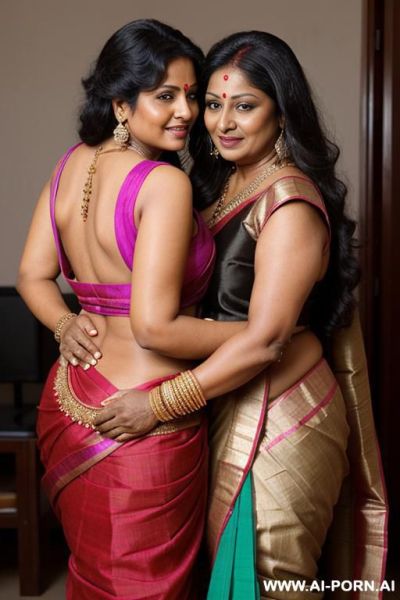 Ancient indian chubby fifty years old black haired queen in a traditional sari is groping from behind a devote full naked indian female with shaved vagina - ai-porn.ai - India on pornintellect.com