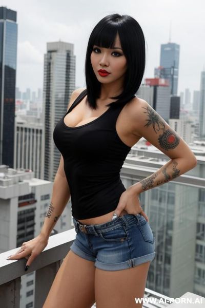 Female sexy hooker pornstar long legs in black tight sport tshirt cleavage busty in tattered jeans barelegs in red sport shoes stand on roof top in big city blue glass big buildings many - ai-porn.ai on pornintellect.com