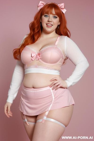 (half body photo shot close up photo). a ((british bbw redhead)), ((thick body, with tummy and love handless)). (wearing a lingerie garter belt top.) - ai-porn.ai - Britain on pornintellect.com