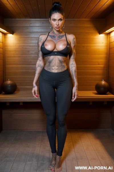Nude (very tall woman)), (woman all in view), full body, ((gigantic round fake big peach boobs)), licking, spread legs, (skinni naked), enjoying promiscuity, showing ass hole, topless, keep same - ai-porn.ai on pornintellect.com
