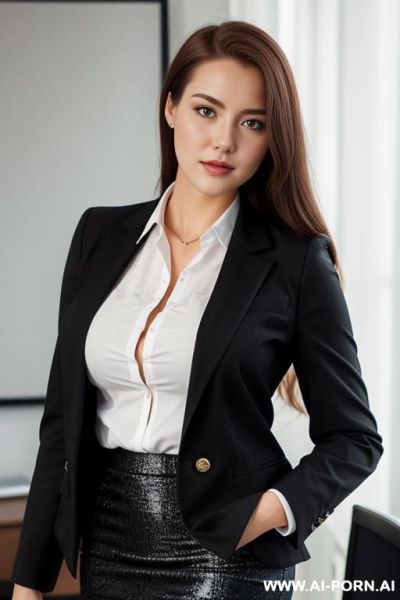 Blazer, office shirt, pencil skirt, hourglass body, busty scandi woman - ai-porn.ai on pornintellect.com
