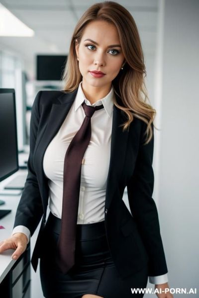 Busty scandi, blazer, office shirt, pencil skirt, tights, ((tie)), hourglass body, messy hair - ai-porn.ai on pornintellect.com