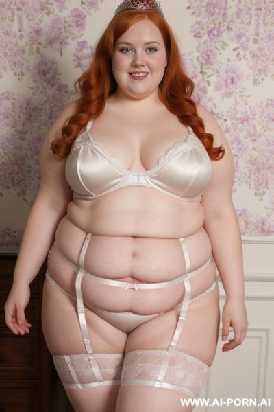 Half body photo shot close up. a ((british obese fat bbw redhead)), ((soft natural belly, subtle belly rolls)). ((wearing a violet bright sexy and hot ((queen)) garter belt bride lingerie of flowers, and a silk micro-skirt)). she is smiling, anklet heart - ai-porn.ai - Britain on pornintellect.com