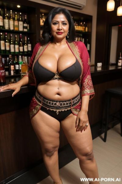 Curvy mature old sexy gilf mom bangladeshi women wearing danim micro skirt, thick thighs, fat belly, belly button, deep navel, big love shape lips, beer bar, full body shot, night party, - ai-porn.ai on pornintellect.com
