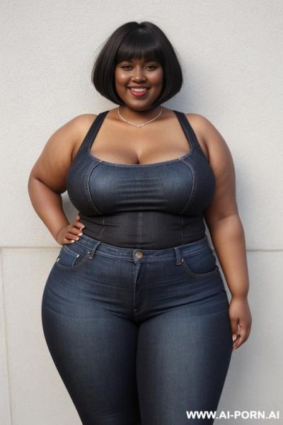 Black woman, rotund body, huge, supermodel, pear shaped, bald, huge legs, massive hips, high rise jeans, eye contact - ai-porn.ai on pornintellect.com