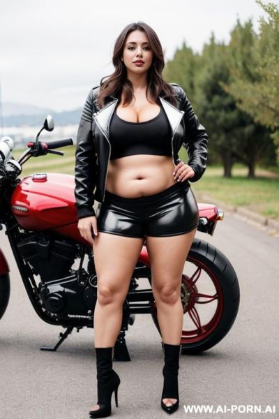 Turkish woman in biker shorts, thick thighs, belly fat ,rider jacket, heels, standing near super bike - ai-porn.ai - Turkey on pornintellect.com