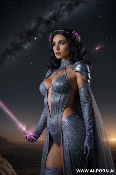 (front view), (looking at the viewer), (detailed face), (detailed body), (detailed skin), (detailed hands), star princes, toned figure, natural breasts, curly long dark blue hair with white glitter, - ai-porn.ai on pornintellect.com