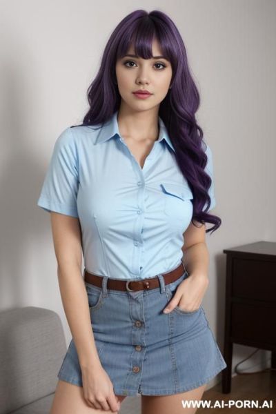Big tits, purple wavy hair with bangs, casting couch, light blue button up t-shirt, micro skirt - ai-porn.ai on pornintellect.com