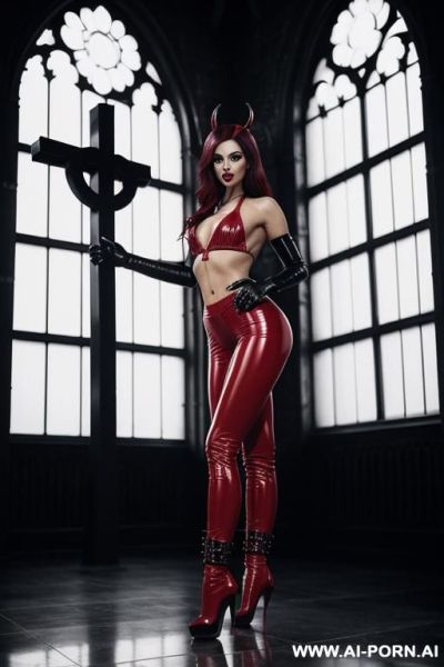 Bright red open crotch latex leggings, black thigh high laced up boots, stiletto heels, devil horns, kissing a cross - ai-porn.ai on pornintellect.com