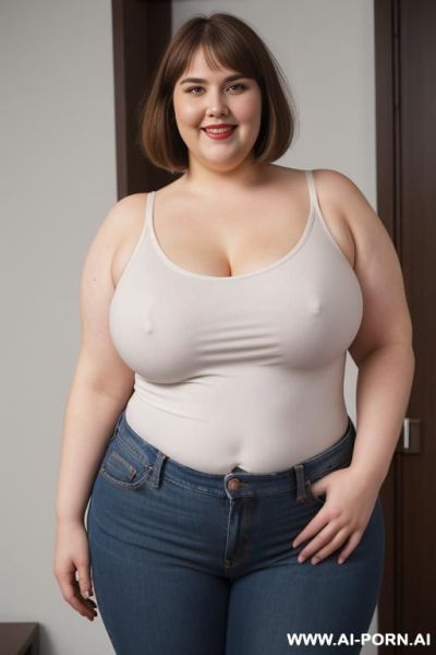 White woman, morbidly obese, rotund body, huge, supermodel, pear shaped, long hair, huge legs, massive hips, high rise jeans, eye contact, white tank top - ai-porn.ai on pornintellect.com
