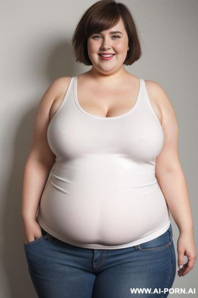 White woman, morbidly obese, rotund body, huge, supermodel, pear shaped, short hair, huge legs, massive hips, high rise jeans, eye contact, huge butt, white tank top - ai-porn.ai on pornintellect.com