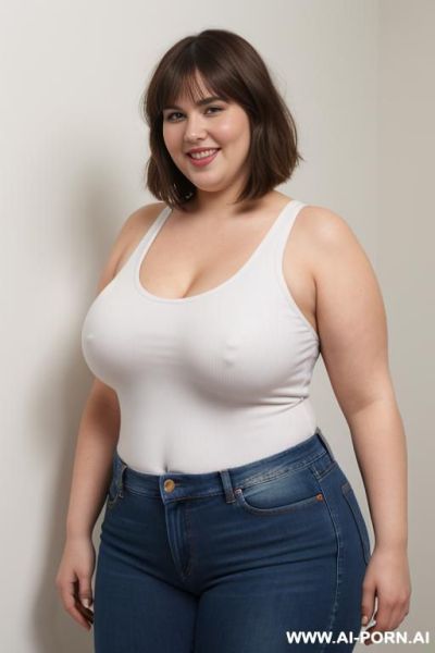 White woman, morbidly obese, rotund body, huge, supermodel, pear shaped, long hair, huge legs, massive hips, high rise jeans, eye contact, huge ass, white tank top - ai-porn.ai on pornintellect.com