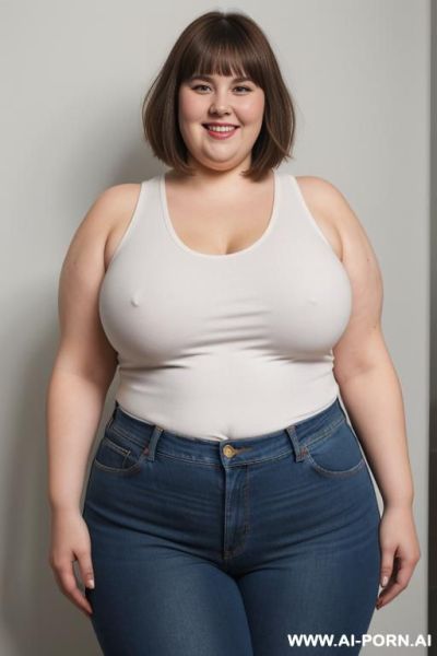 White woman, morbidly obese, rotund body, huge, supermodel, pear shaped, long hair, huge legs, massive hips, high rise jeans, eye contact, huge butt, white tank top - ai-porn.ai on pornintellect.com