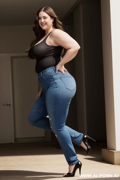 White woman, rotund body, huge, supermodel, pear shaped, long hair, huge legs, massive hips, high rise jeans, eye contact, black tank top - ai-porn.ai on pornintellect.com