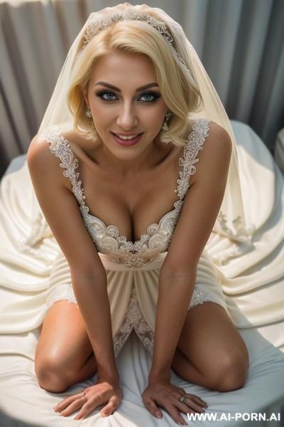 Pov, blonde european, face, green eyes, blonde hair, with highlights, curly hair, eye liner, cleavage, wearing white wedding dress, on bed, (((beautiful perfect))), seductive look, massive cumshot - ai-porn.ai on pornintellect.com