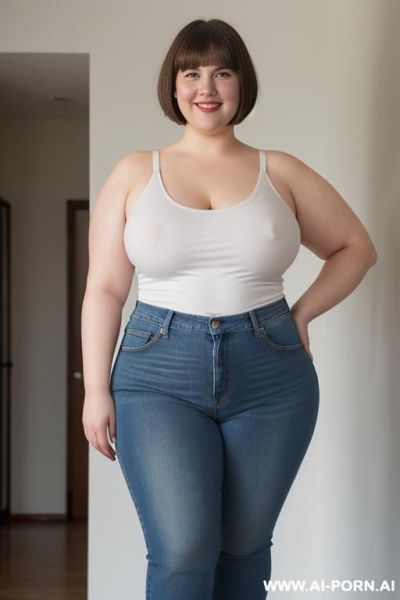 White woman, morbidly obese, rotund body, huge, supermodel, pear shaped, short hair, huge legs, massive hips, high rise jeans, eye contact, huge butt, white tank top - ai-porn.ai on pornintellect.com
