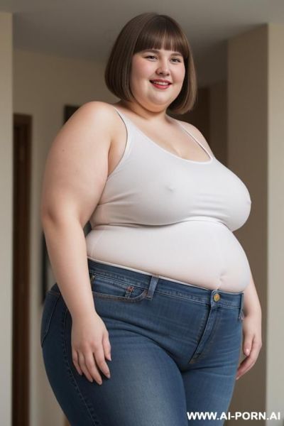 White woman, morbidly obese, rotund body, huge, supermodel, pear shaped, long hair, huge legs, massive hips, high rise jeans, eye contact, huge butt, white tank top - ai-porn.ai on pornintellect.com