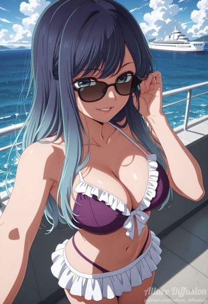 Akane Kurokawa lounging on a cruise ship in her purple frilly bikini - xgroovy.com on pornintellect.com