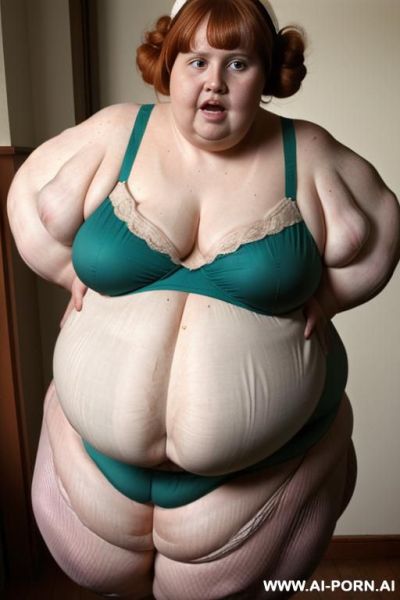 (((half body photo shot close up))). a (((british, very, ((((very obese)))) fat bbw redhead))), ((thick body, with tummy and love handless)). lingerie garter belt top. (((dinamyc angle))) - ai-porn.ai - Britain on pornintellect.com