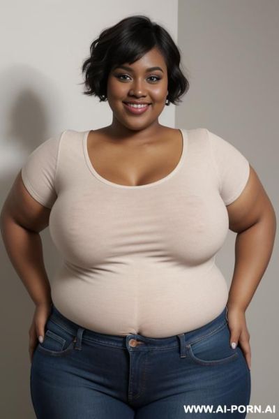 Black woman, rotund body, huge, supermodel, pear shaped, short hair, huge legs, massive hips, high rise jeans, eye contact - ai-porn.ai on pornintellect.com