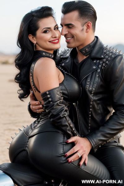 ((((arab milf hugging a twenty year old muscular man)))) with ((((((gigantic tits)))))) and (((long hair))), (makeup) , (((tight spiked black leather jacket))) (((tight spiked black leather pants))) - ai-porn.ai on pornintellect.com