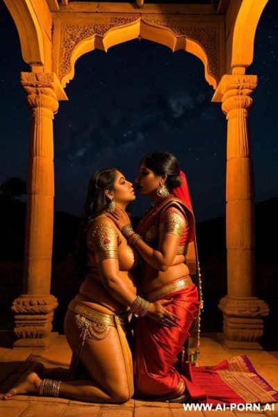 Ancient indian chubby priestess in a traditional sari is kissing a full naked chubby ancient indian female temple servant with shaved vagina under the stars - ai-porn.ai - India on pornintellect.com