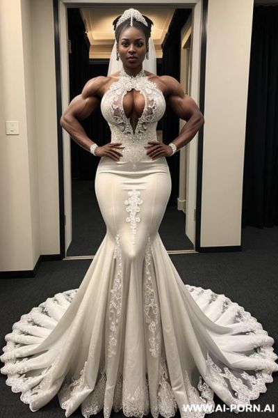 African goddess, in a white sexy bridal dress, with a muscular body and huge saggy round breasts - ai-porn.ai on pornintellect.com