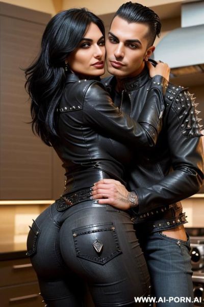 ((((arab milf hugging a twenty year old muscular punk man on the lips)))) with ((((((gigantic tits)))))) and (((long hair))), (makeup) , (((tight spiked black leather jacket))) (((tight jeans))) - ai-porn.ai on pornintellect.com
