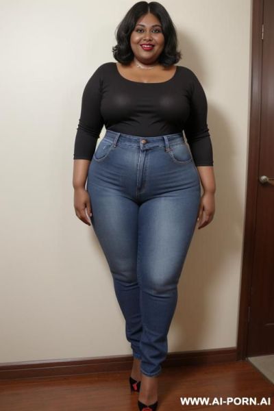 Bangladeshi mature black woman, rotund body, huge, supermodel, pear shaped, long hair, huge legs, massive hips, high rise jeans, eye contact - ai-porn.ai on pornintellect.com